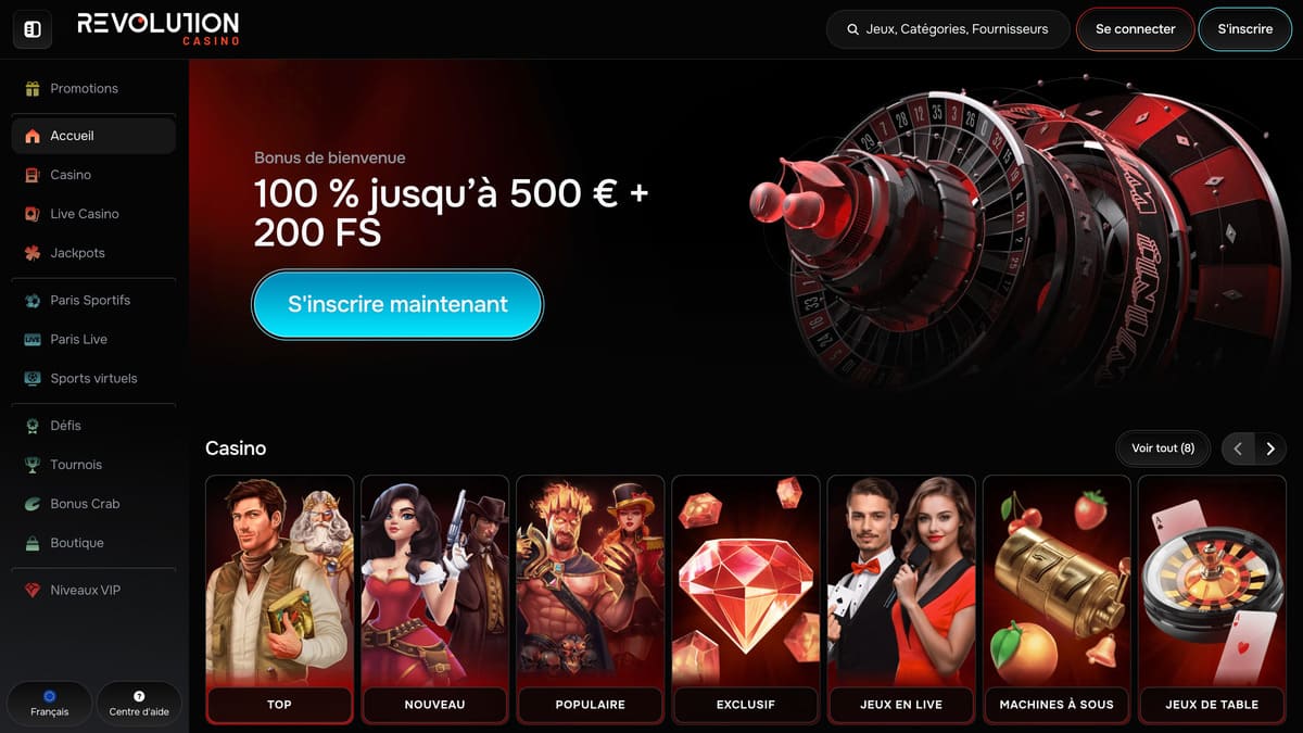 Interface lobby de Revolution casino avec la sélection de jeux et la navigation principale