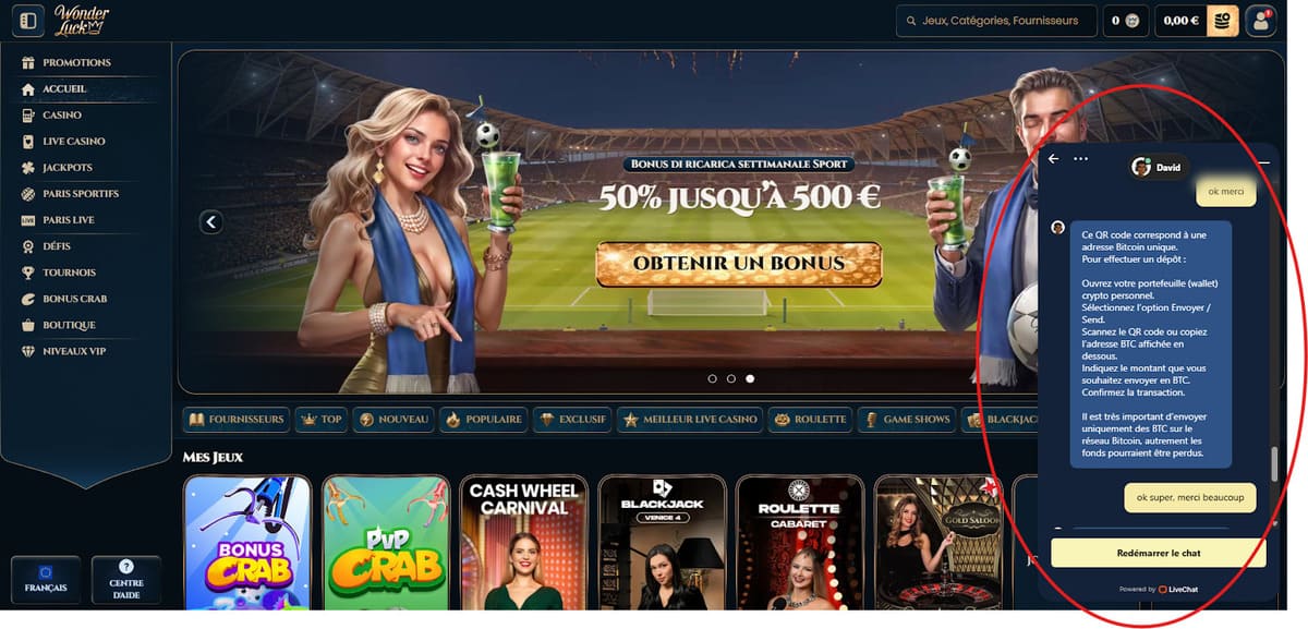 Interface du service client Wonder Luck Casino avec le chat en direct disponible 24h sur 24