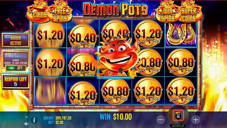 Grille 5x3 de la machine à sous Demon Pots avec les symboles infernaux et le pot central de pièces