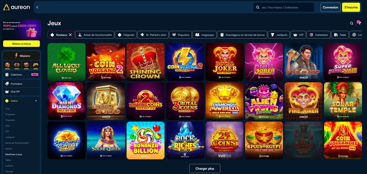 Lobby des machines à sous d'AureonPlay avec les catégories de jeux et les slots populaires du moment