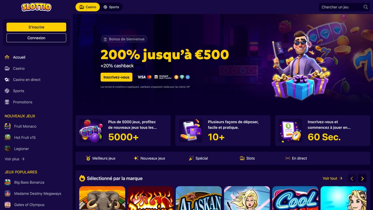 Interface lobby de Slottio Casino avec sélection de jeux et menu de navigation principal