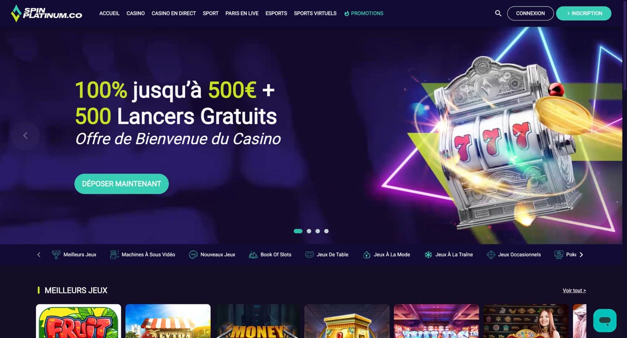 Interface du lobby de Spin Platinum Casino affichant les catégories de jeux disponibles en 2025