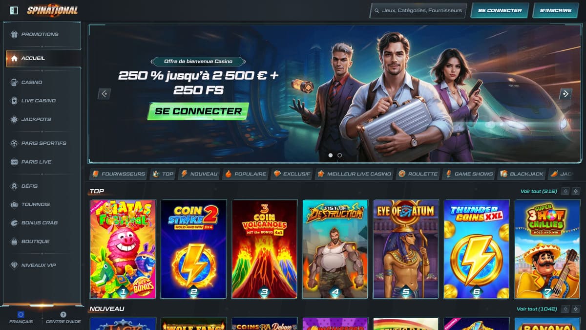 Interface du lobby de Spinational casino affichant la section machines à sous et le menu de navigation principal