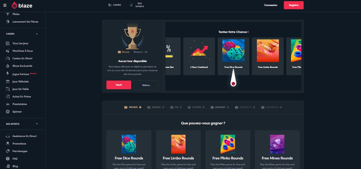 Programme VIP Spinner de Blaze Casino affichant les 7 paliers de fidélité et récompenses
