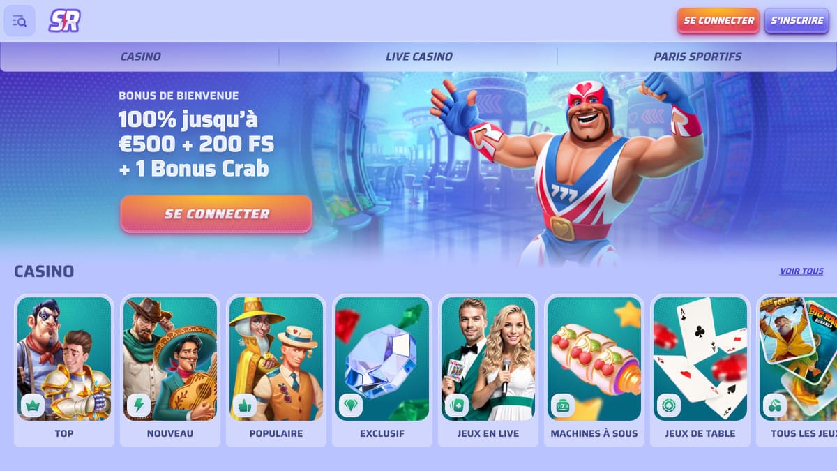 Lobby principal de Spinrollz Casino avec les catégories de jeux et le thème luchadores mexicain coloré