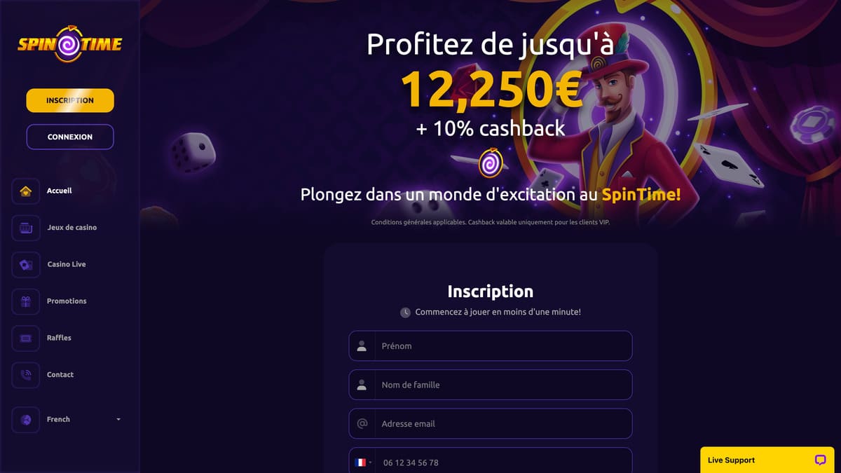 Interface lobby de Spin Time Casino avec la ludothèque de 4 500 jeux et la navigation par catégories