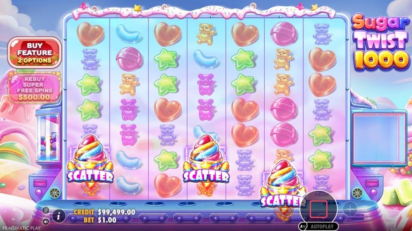 Trois scatters glace de Sugar Twist 1000 déclenchant le bonus Rebuy Super Free Spins