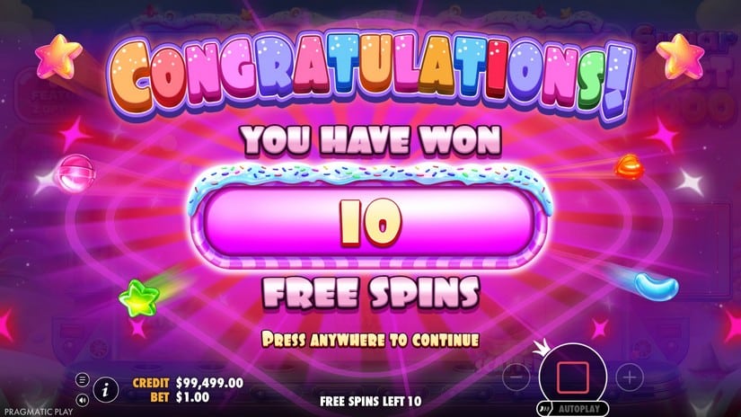 Écran de victoire de Sugar Twist 1000 annonçant l'obtention de 10 tours gratuits
