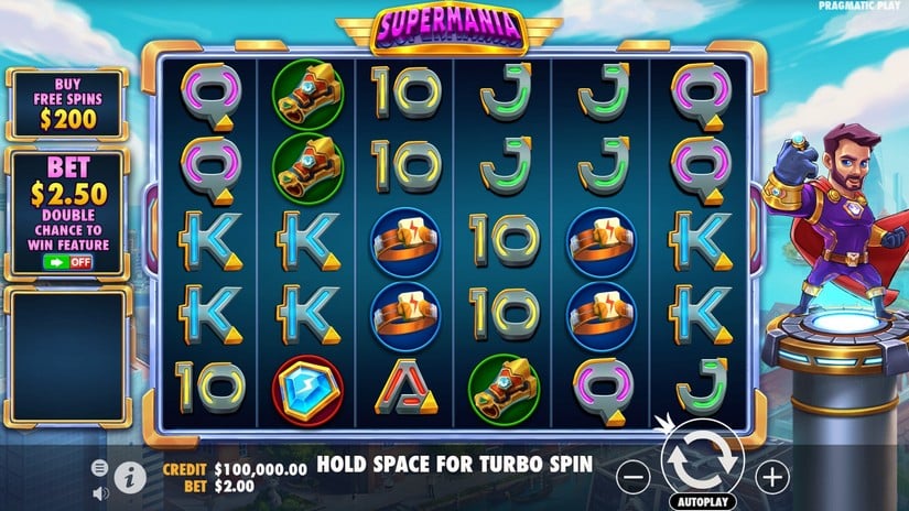 Grille 6x5 de Supermania avec symboles super-héros affichés pendant le jeu de base standard