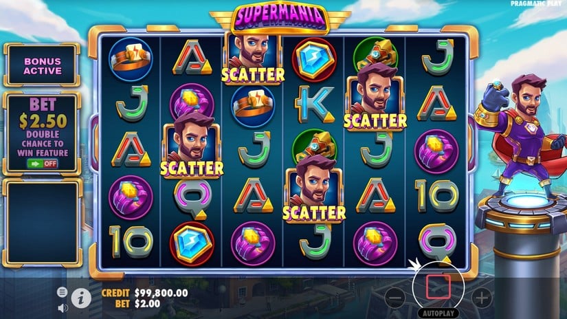 Quatre symboles scatter de Supermania qui déclenchent le bonus free spins sur la grille
