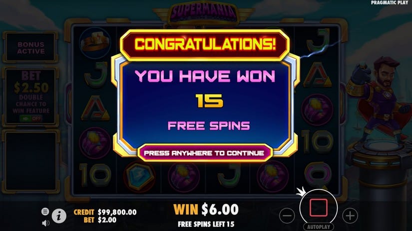 Écran de victoire de Supermania annonçant l'obtention de quinze free spins gratuits