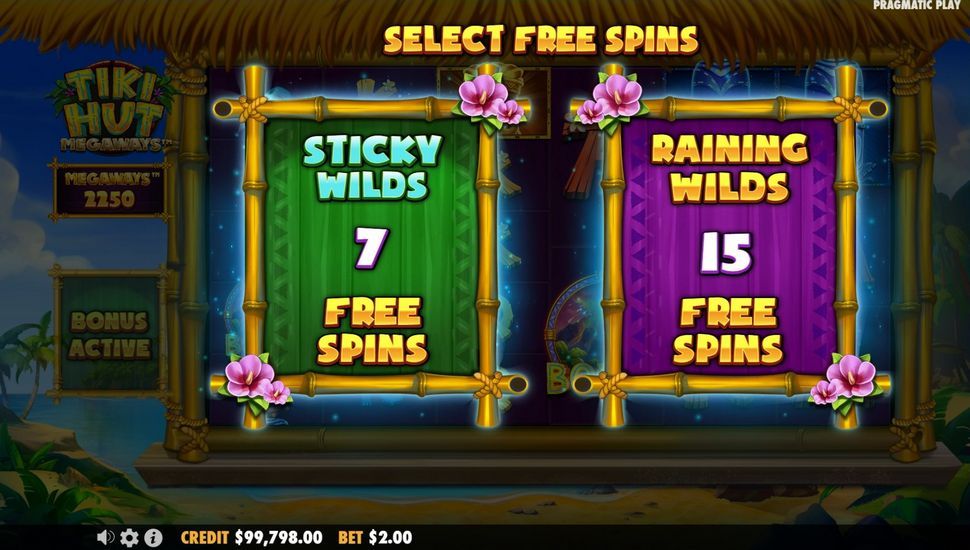 Écran free spins de Tiki Hut Megaways avec sélection du mode Sticky Wilds ou Raining Wilds