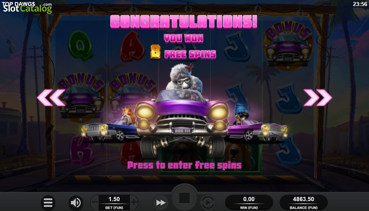 Écran de tours gratuits de Top Dawg$ avec les Sticky Wilds et leurs multiplicateurs figés sur la grille