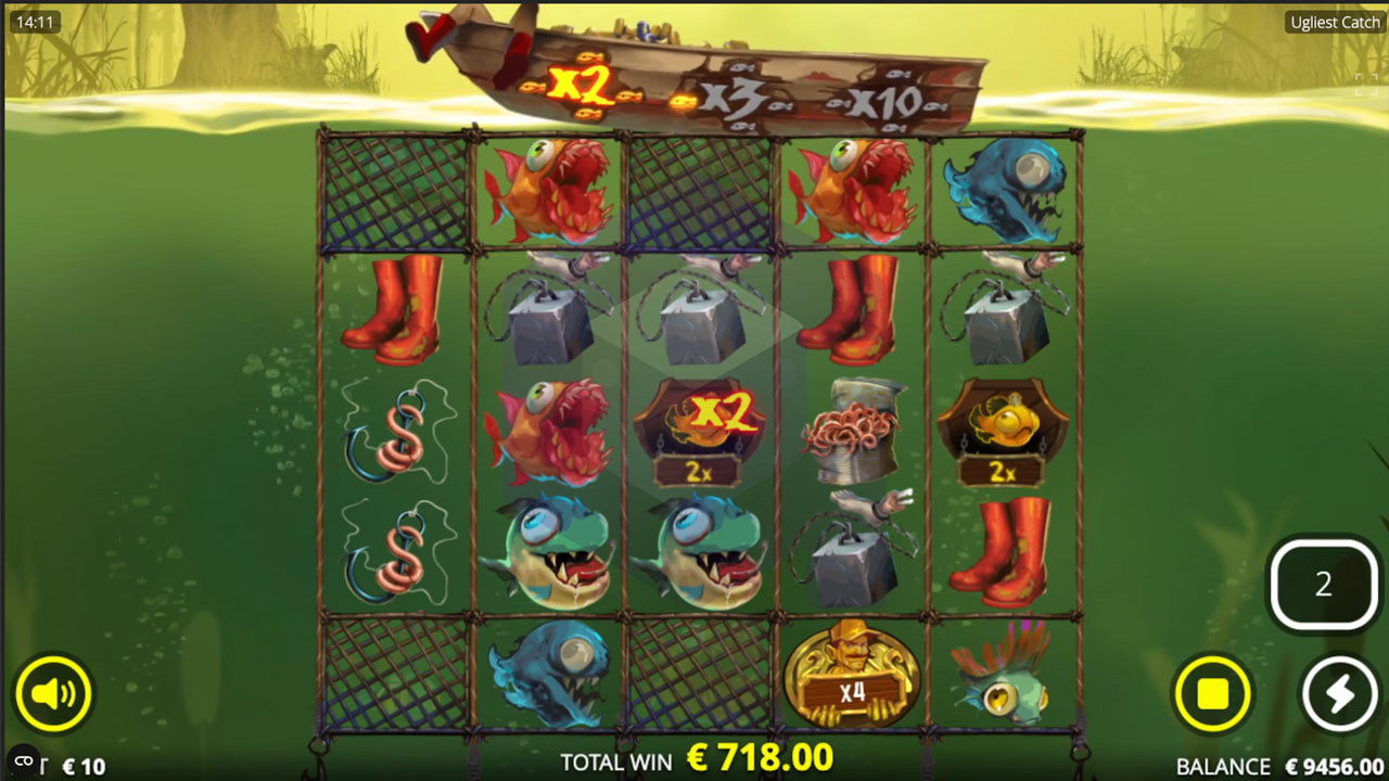 Écran des free spins de Ugliest Catch avec compteur de tours gratuits et poissons mutants visibles