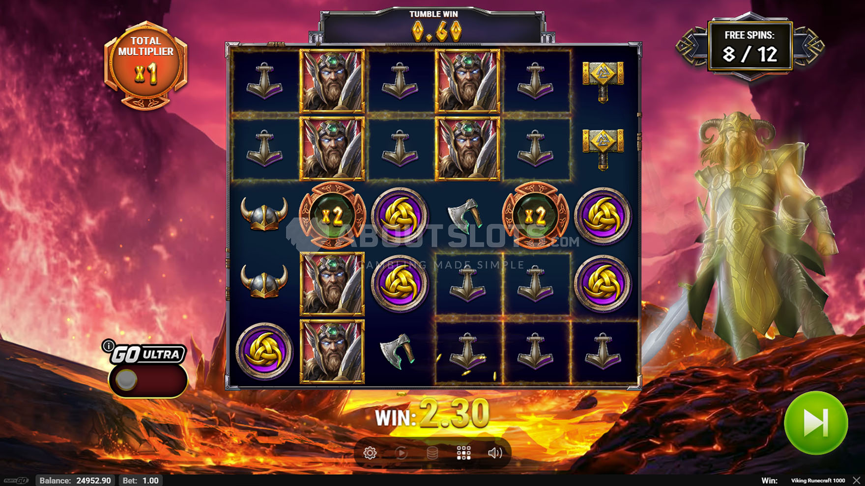 Écran free spins de Viking Runecraft 1000 avec deux symboles multiplicateurs sur la grille