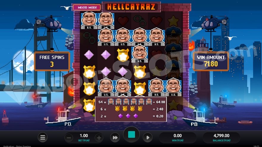 Écran des Super Free Spins de Hellcatraz de nuit avec la prison d'Alcatraz en toile de fond