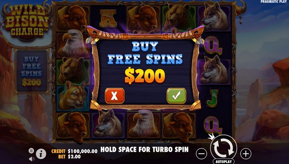 Fenêtre Buy Free Spins de Wild Bison Charge proposant l'achat direct du bonus pour 200 dollars