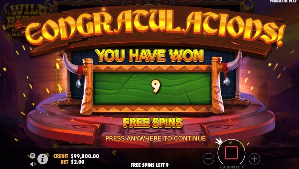 Écran de victoire de Wild Bison Charge annonçant 9 free spins gagnés après le déclenchement du bonus
