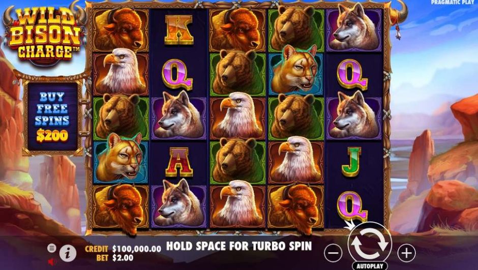Grille 5x5 de Wild Bison Charge en jeu de base avec animaux et bouton Buy Free Spins à 200 dollars visible
