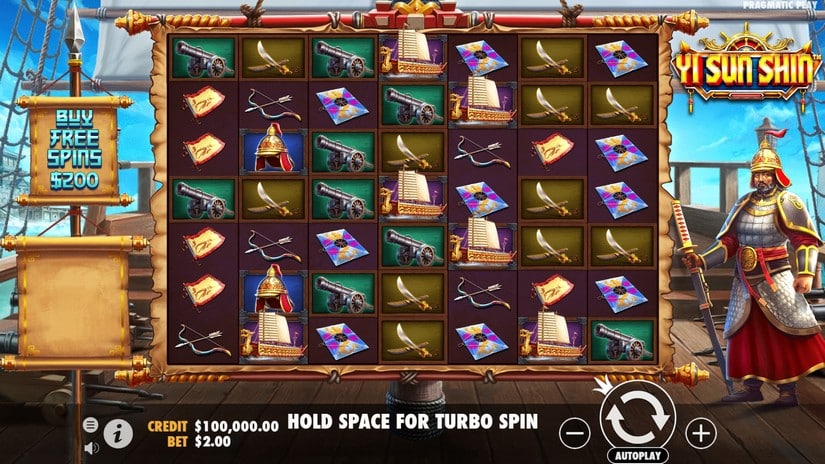 Grille 7x7 de Yi Sun Shin en jeu de base avec le bouton Buy Free Spins visible à gauche