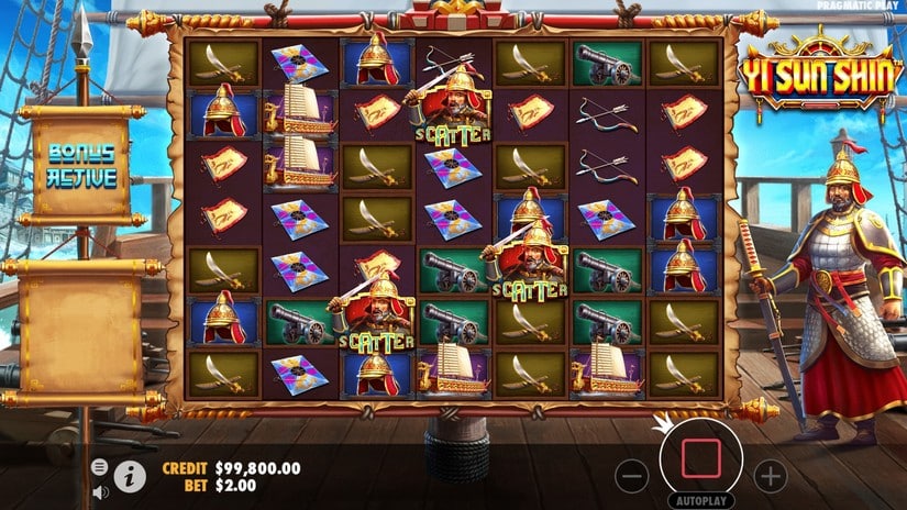 Bonus actif sur Yi Sun Shin avec plusieurs symboles Scatter visibles sur la grille de jeu