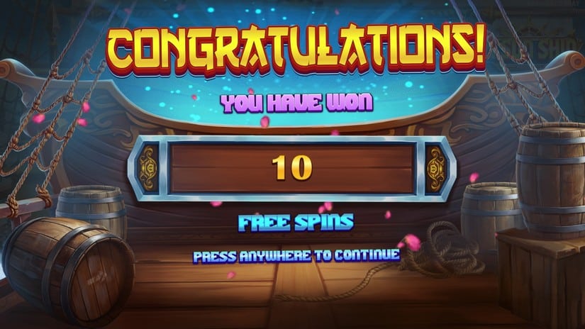 Écran de victoire de Yi Sun Shin annonçant l'obtention de 10 tours gratuits pendant le bonus