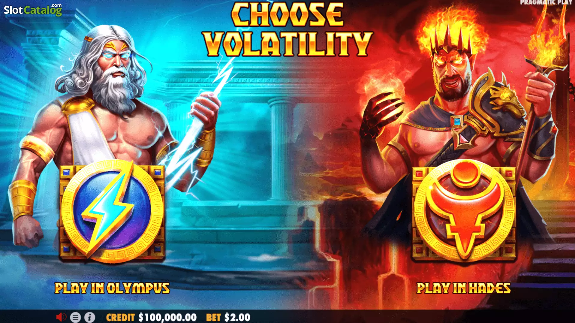Écran de choix du mode sur Zeus vs Hades: Gods of War, entre l'Olympe glacé et les Enfers embrasés