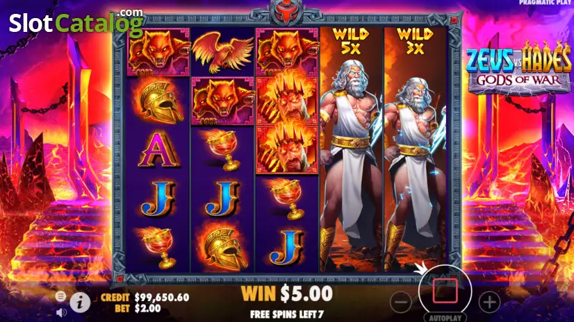 Free spins de Zeus vs Hades: Gods of War en mode Hades avec deux wilds multiplicateurs x5 et x3