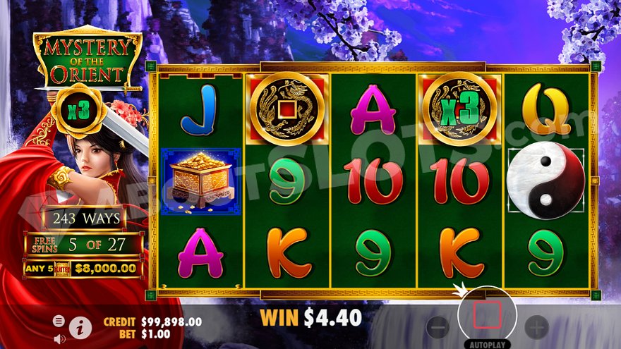 Combinaison gagnante pendant les free spins de Mystery of the Orient avec Wild multiplicateur actif
