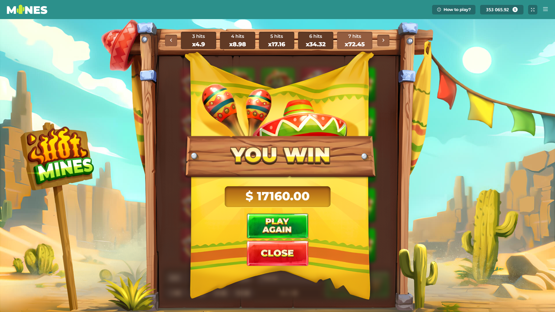 Écran de victoire sur Hot Mines affichant un gain de 17 160 dollars façon fiesta mexicaine