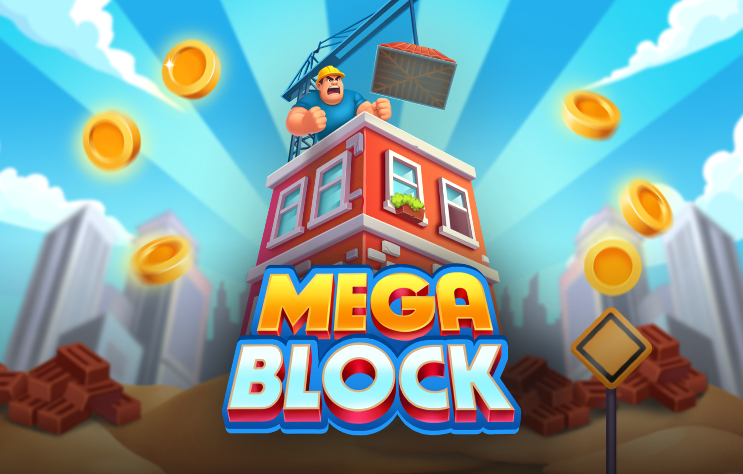 Bannière du jeu MegaBlock montrant la tour de blocs en construction et le multiplicateur affiché