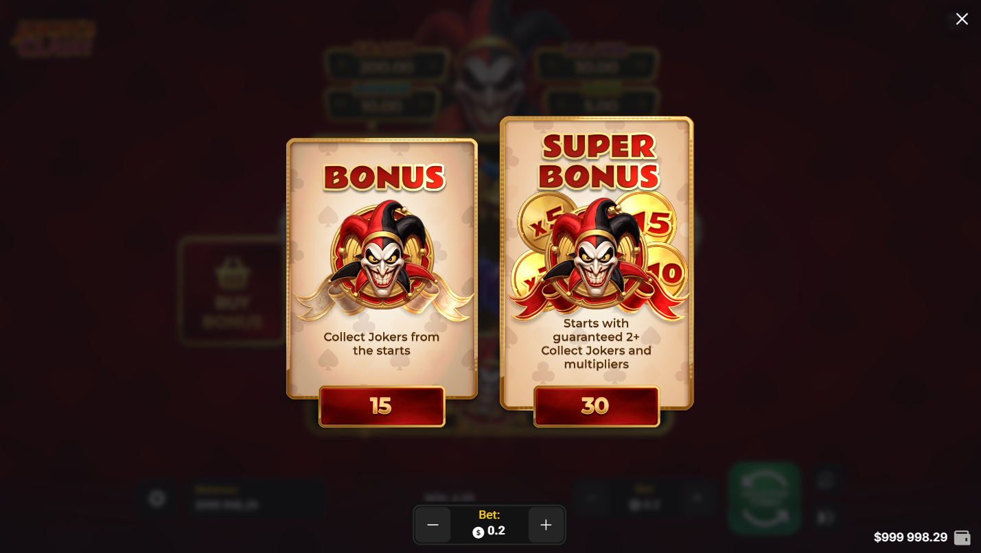 Écran d'achat de bonus de Joker's Clash avec les options Bonus à 15x et Super Bonus à 30x la mise