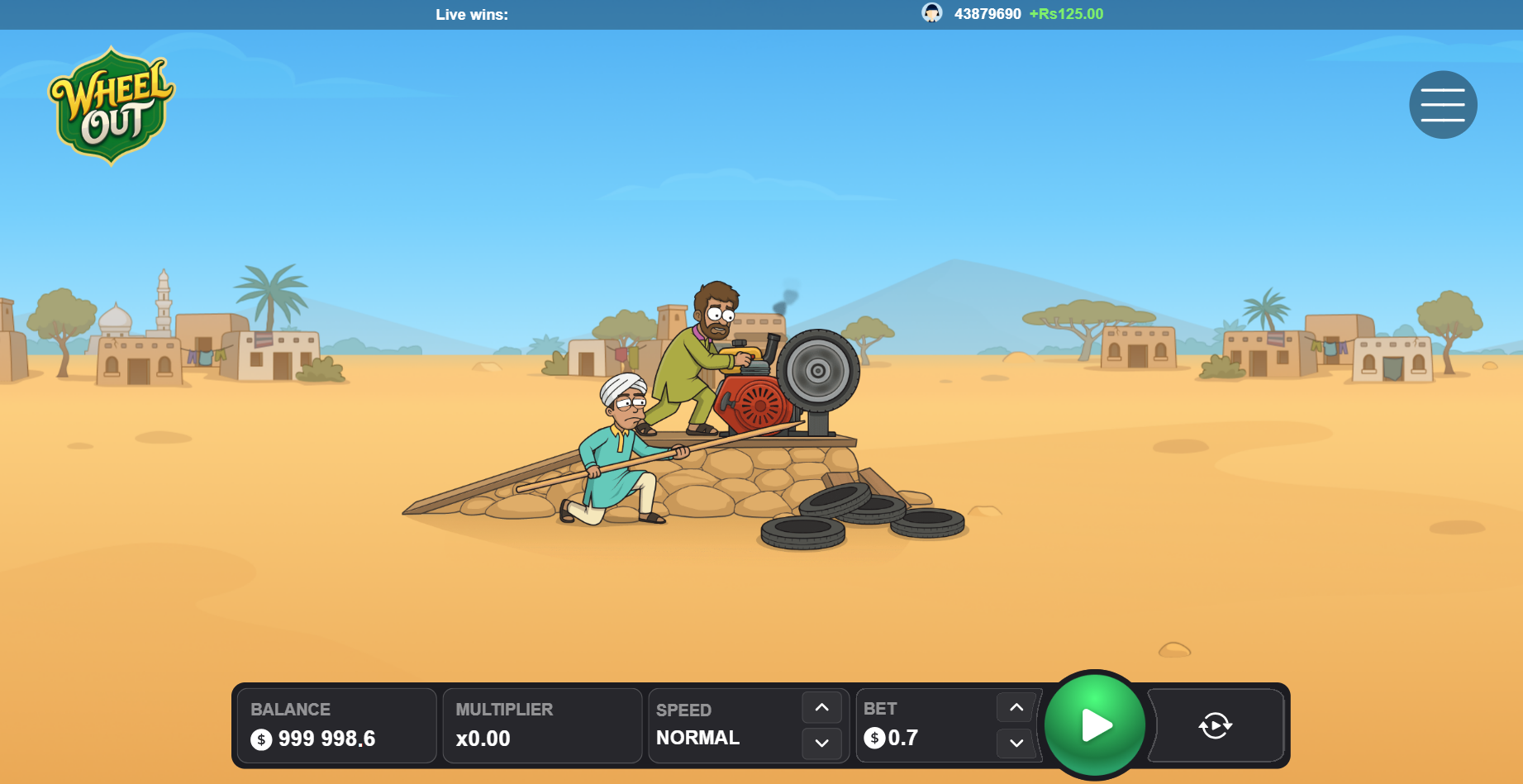 Interface de mise de Wheel Out avant le lancer, avec sélecteur de vitesse Normal et bouton de lancement