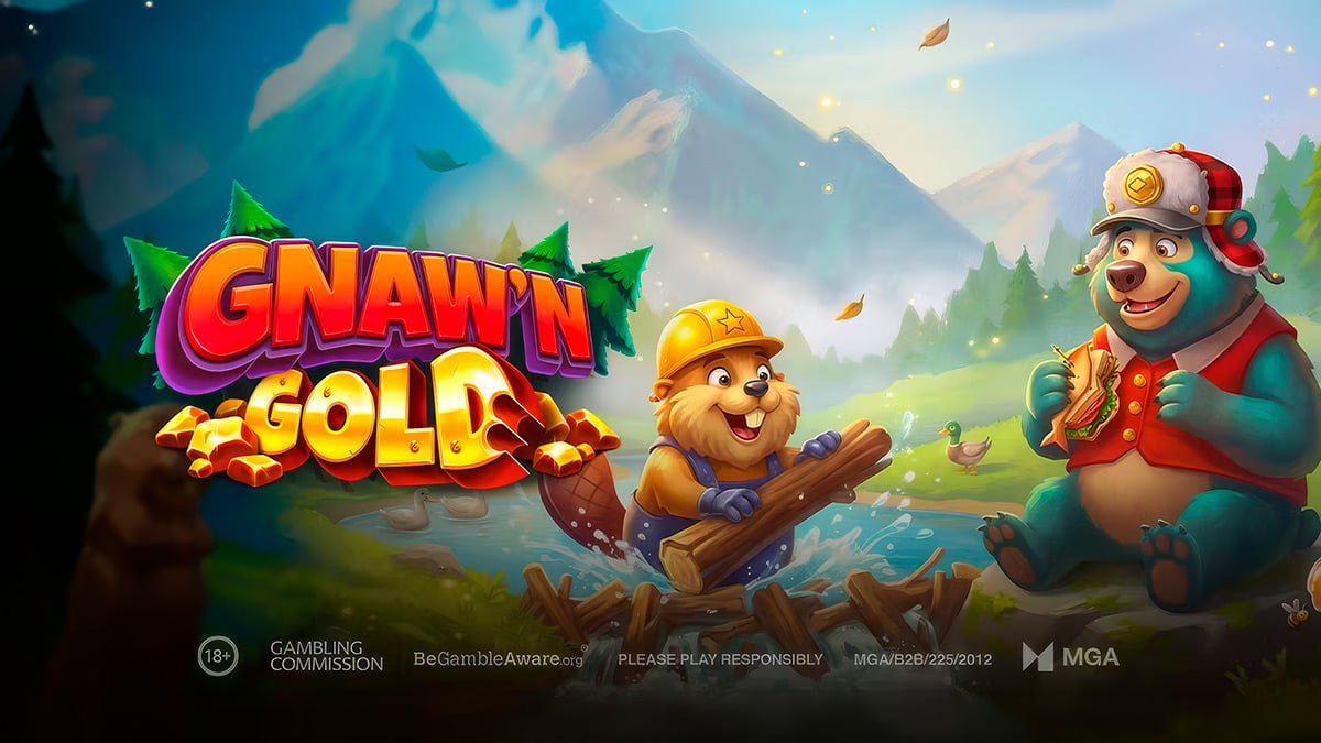 Illustration officielle de Gnaw'n Gold avec Barry le castor et Tim l'ours face aux bûches dorées