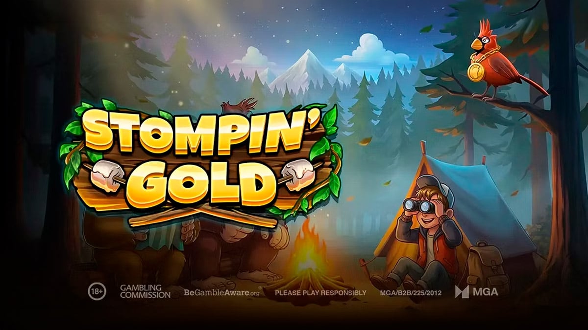 Écran titre de Stompin’ Gold montrant Jack Tracker près du feu de camp et l'oiseau au médaillon doré
