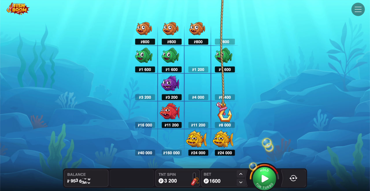 Explosion TNT sur la grille de Fish Boom avec zone 3x3 activée et poissons transformés en gains