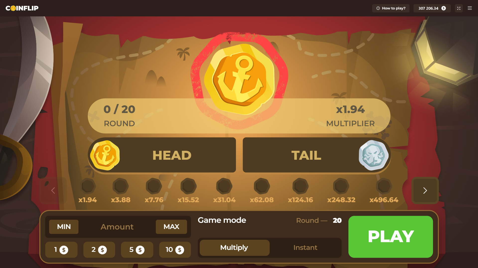 Interface du mode Multiply de CoinFlip avec échelle de multiplicateurs de x1,94 à x496,64