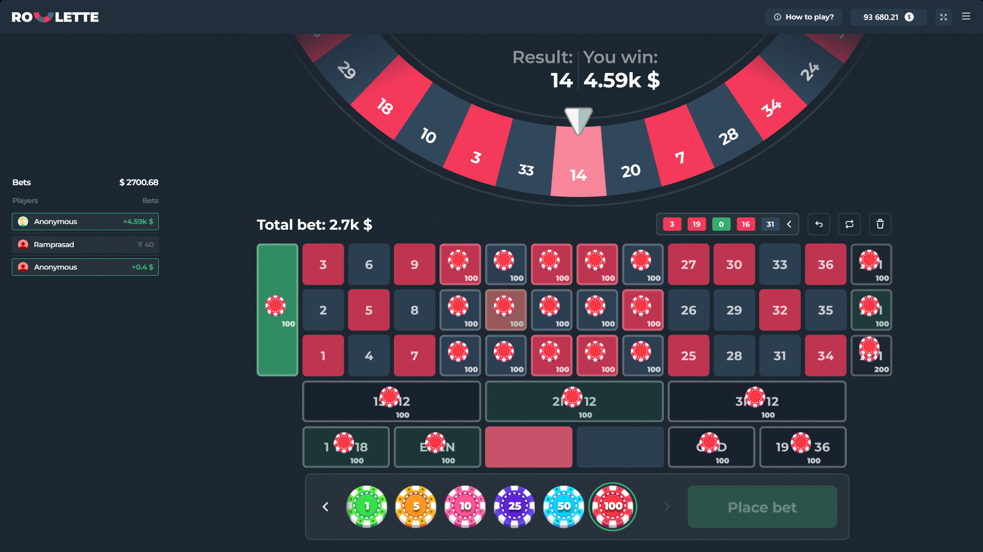 Résultat gagnant sur Roulette InOut, le numéro 14 rouge sort avec un gain affiché de 4 590 $