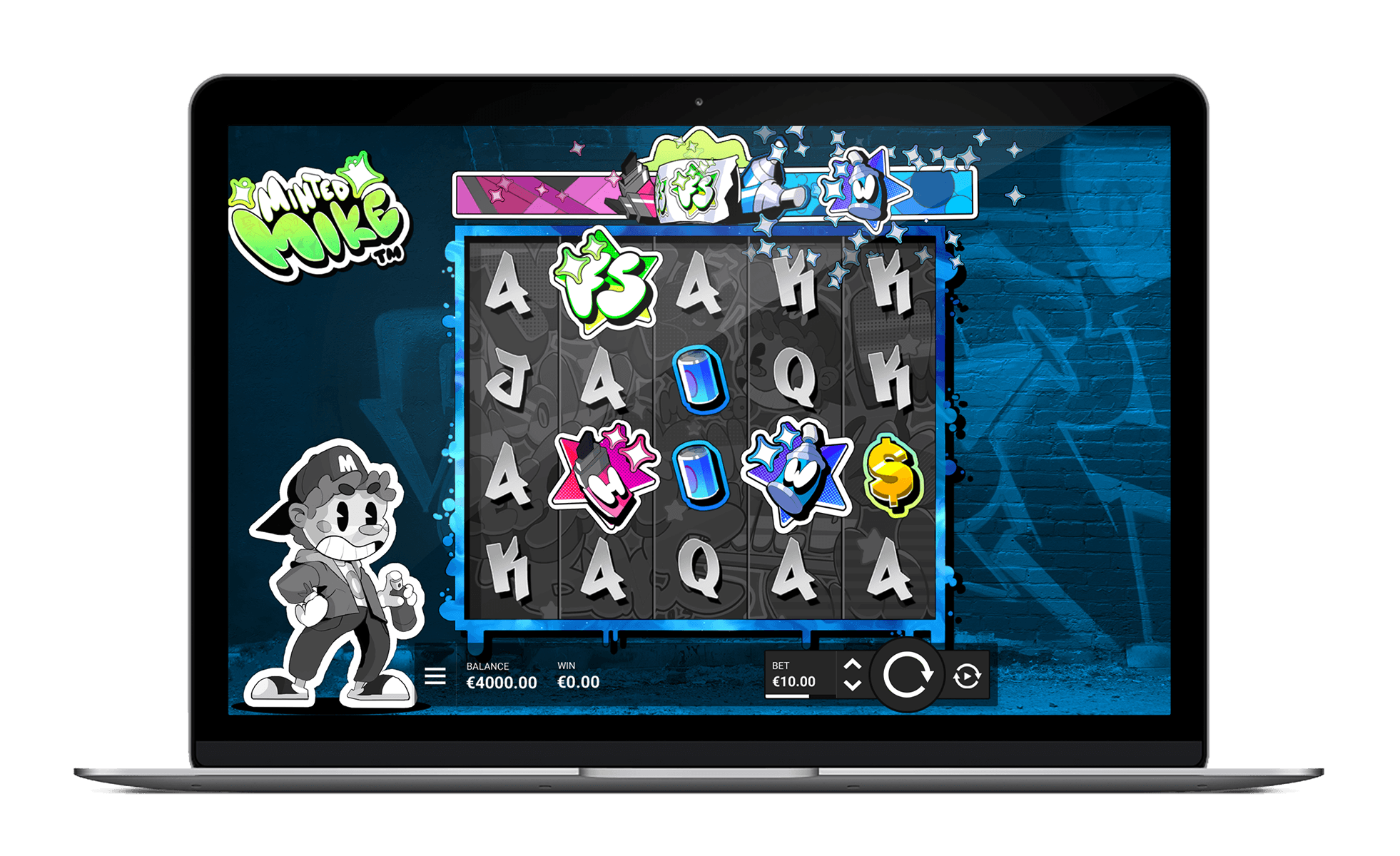 Aperçu de l'interface de jeu de Minted Mike affichée sur ordinateur et mobile avec les symboles graffiti