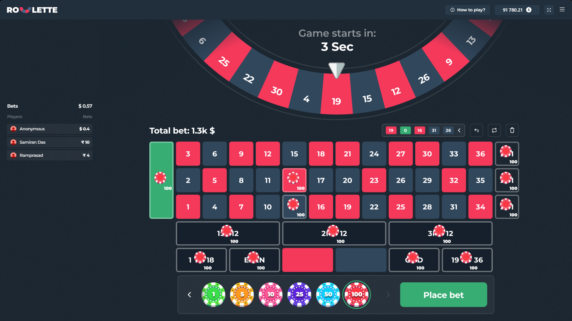 Décompte avant le lancement de la roue sur Roulette InOut, 3 secondes avant la fermeture des mises