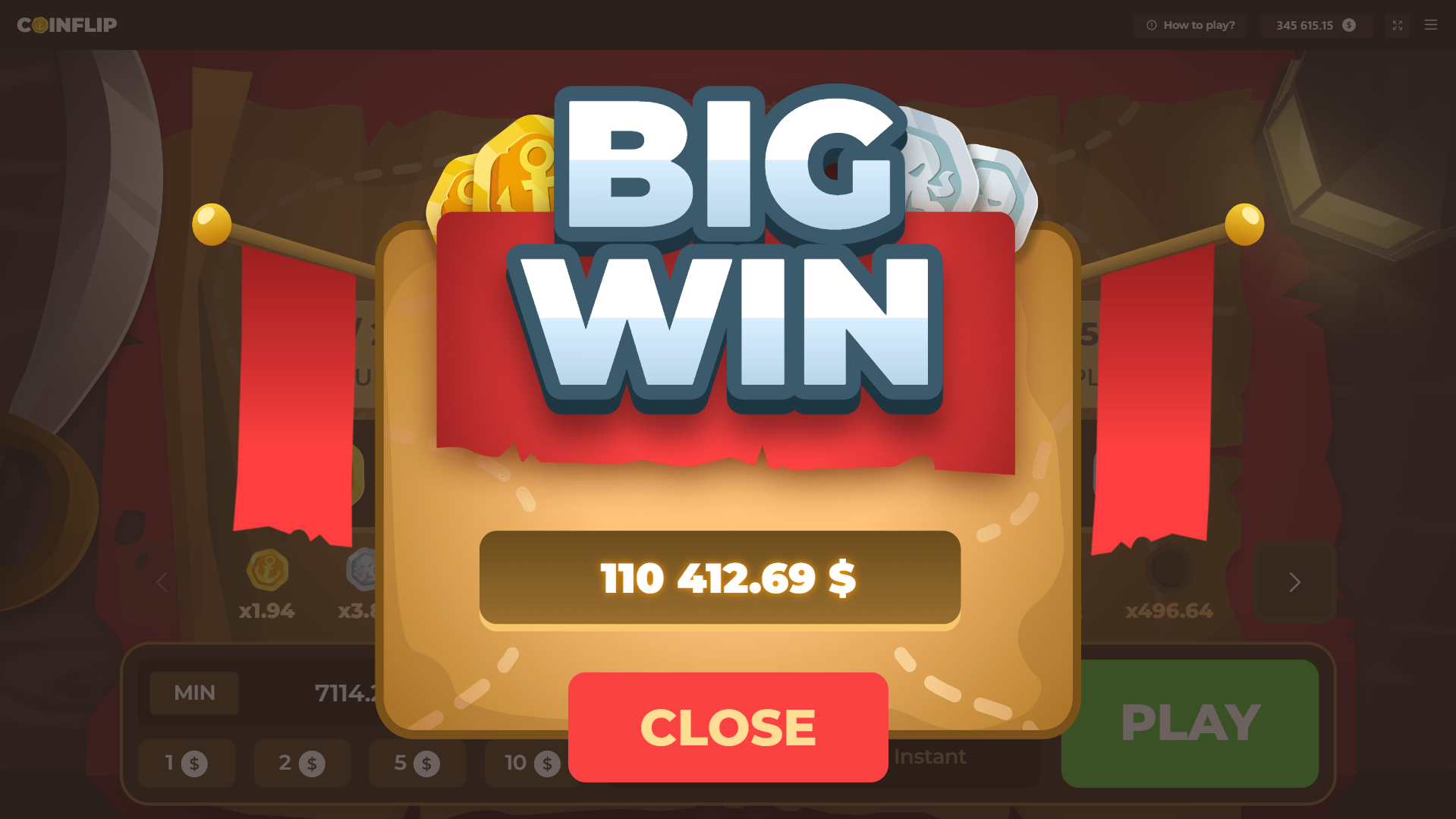 Écran Big Win de CoinFlip affichant un gain supérieur à 110 000 dollars en fin de session