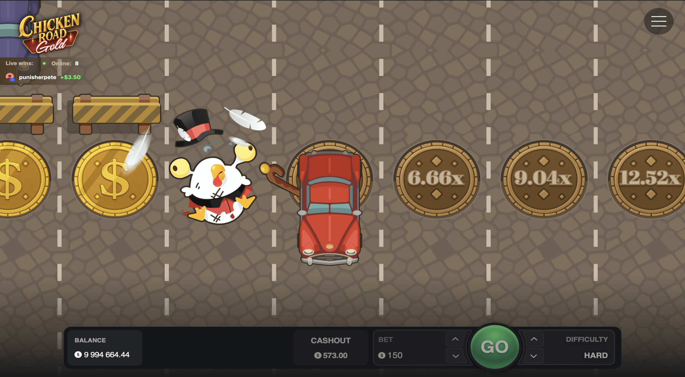Écran de jeu de Chicken Road Gold avec la poule au milieu de la route et le multiplicateur affiché