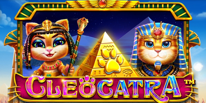 Visuel clé de Cleocatra avec la reine chat et le pharaon chat encadrant la pyramide dorée