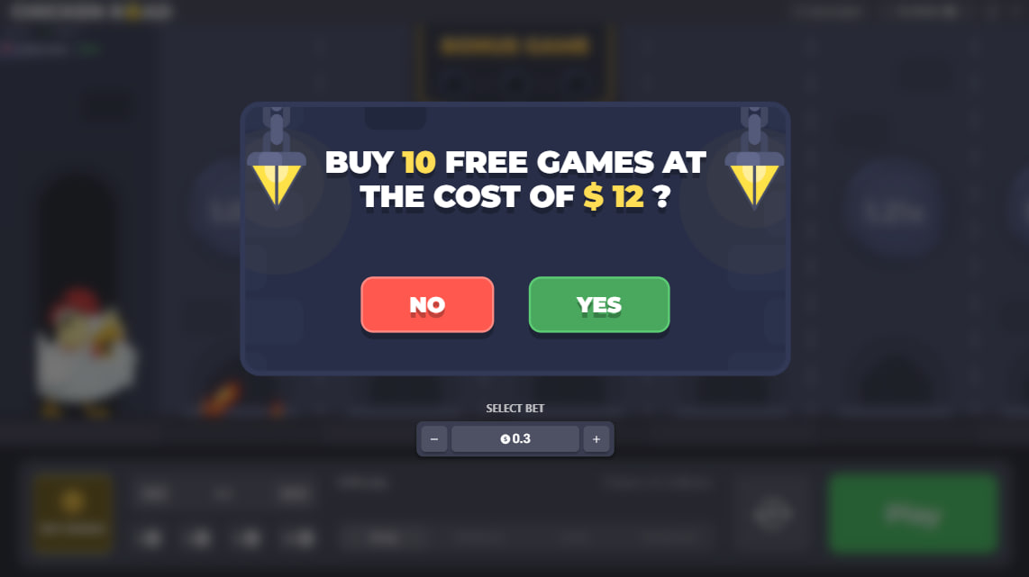 Fenêtre Buy Feature de Chicken Road Bonus proposant l'achat de 10 tours bonus contre 12 dollars