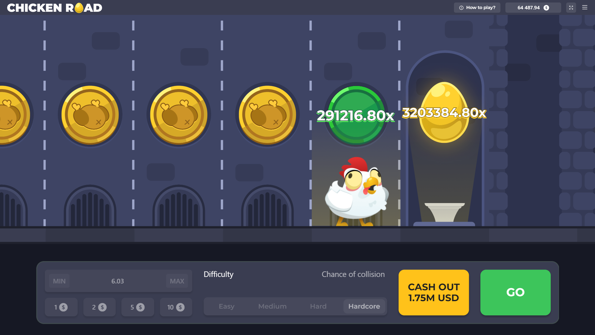 Interface de Chicken Road en difficulté Hardcore avec un multiplicateur supérieur à 3 200 000 fois la mise