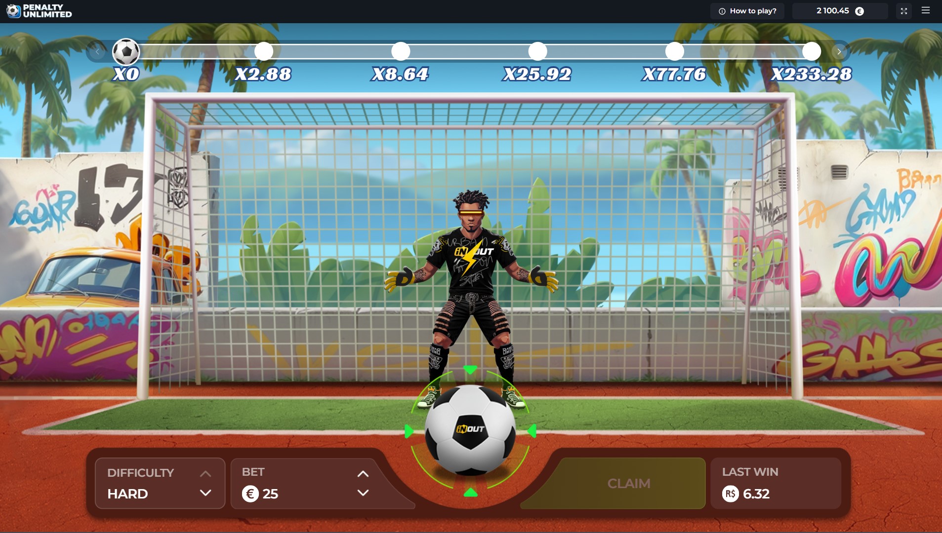 Écran de jeu de Penalty Unlimited avec le gardien en position et l'échelle de multiplicateurs en mode Difficile