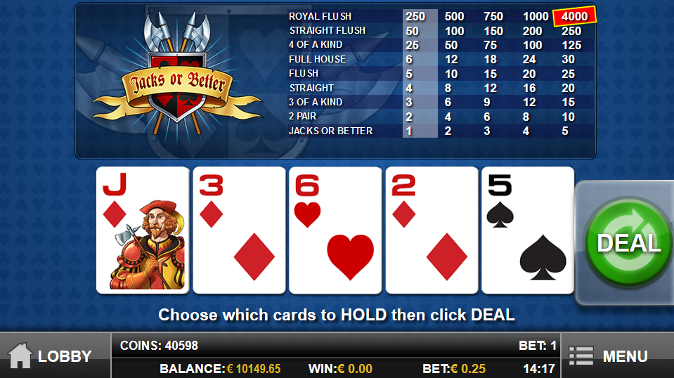 Version mobile de Jacks or Better MH avec une main de cartes distribuée et le bouton DEAL visible