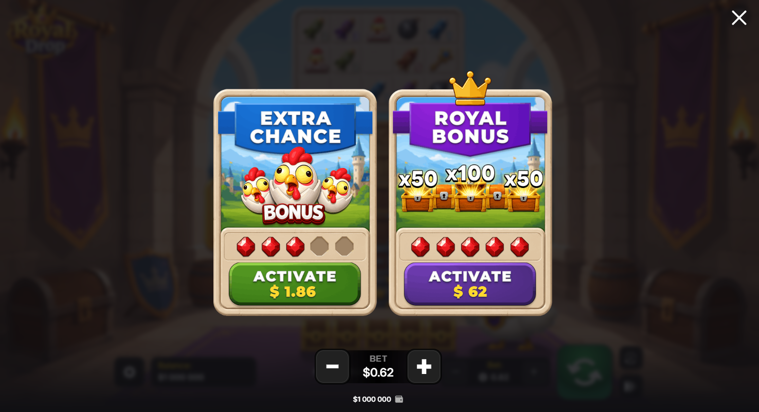 Plateau de jeu de Royal Drop avec obstacles à casser et coffres royaux verrouillés visibles