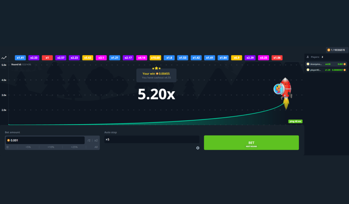 Écran de jeu Crash InOut affichant le multiplicateur en hausse et le bouton d'encaissement