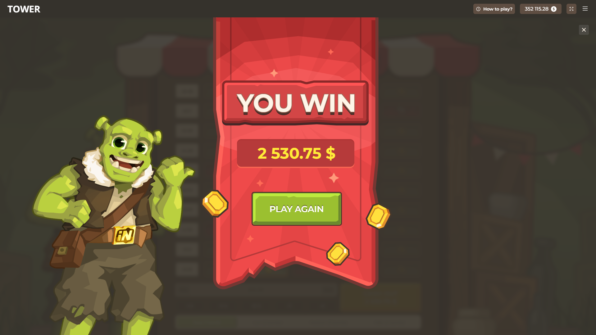 Écran de victoire de Goblin Tower affichant un gain de 2530,75 dollars et le bouton Play Again